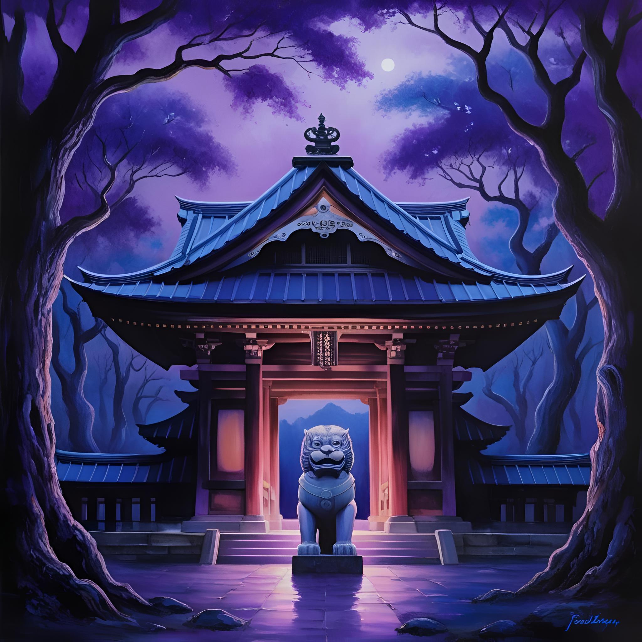 Haunted japanese shrine with a shrinelion